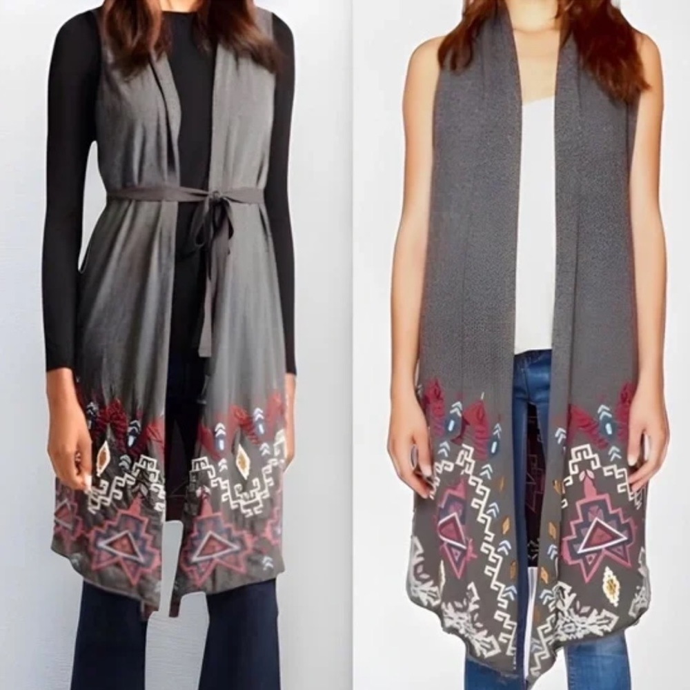 Johnny Was Tisha Dark Gray Embroidered Sleeveless Cardigan
Vest Size Small
